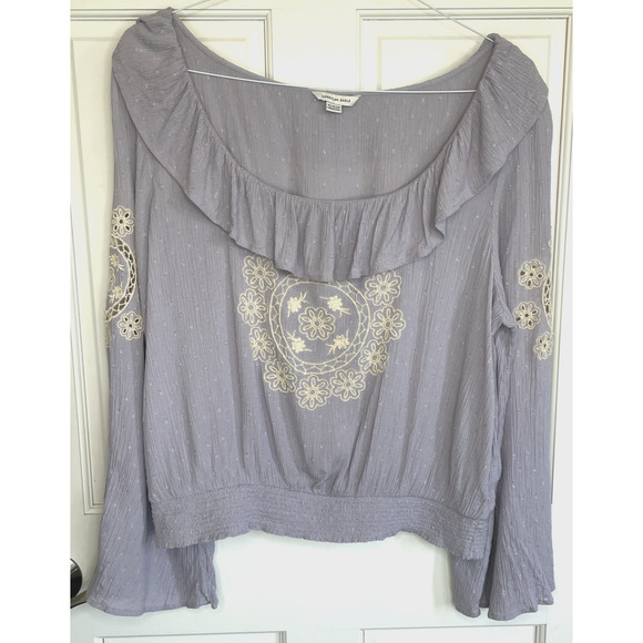 American Eagle Women’s Boho Embroidered Crinkle Top Sz XL Smocked Eyelet Peasant - Picture 1 of 12